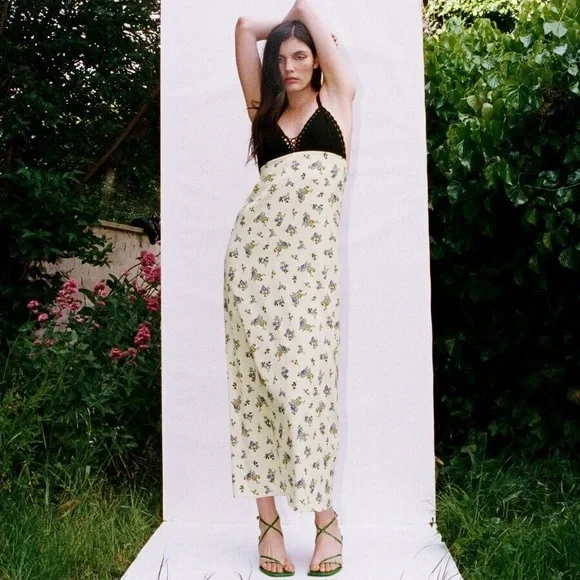 Zara | Dresses | Zara Cream Floral Satin Printed And Black Crochet Knit  Midi Length Dress Nwot | Poshmark